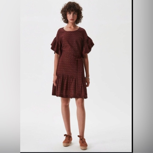 Adolfo Dominguez designer eyelet and lace plum dress Tie waist Feminine flirty 6 - Picture 1 of 14